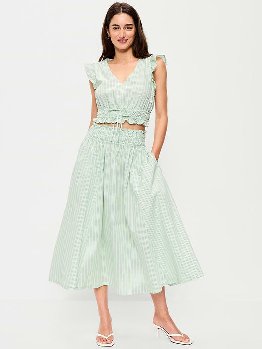 Smocked-Waist Midi Skirt - Green Stripe