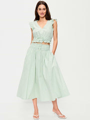 Smocked-Waist Midi Skirt - Green Stripe