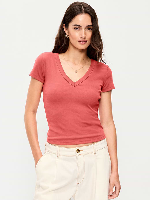 Snug Crop V-Neck Ribbed T-Shirt - Cactus Bloom