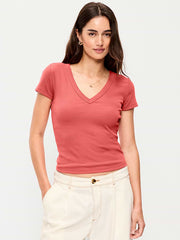 Snug Crop V-Neck Ribbed T-Shirt - Cactus Bloom