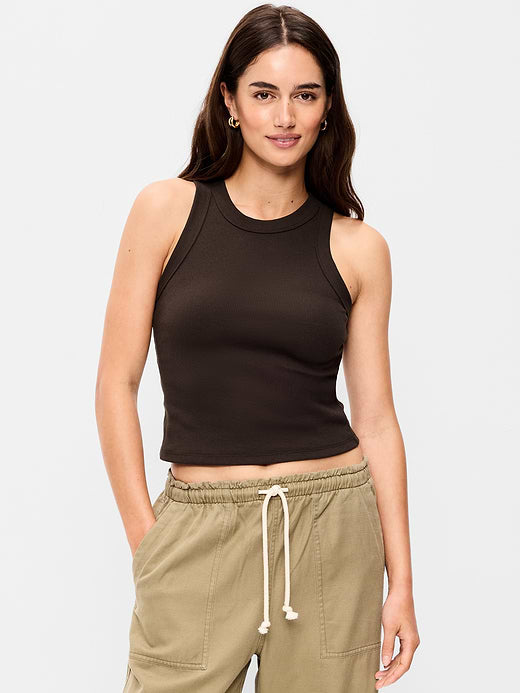 Snug Crop Ribbed Tank Top - Black Coffee
