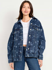 Oversized Floral Print Jean Trucker Jacket - Indigo