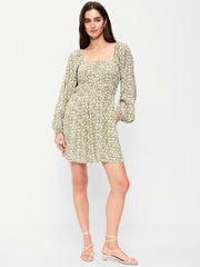 Long-Sleeve Square-Neck Mini Dress - Green Floral