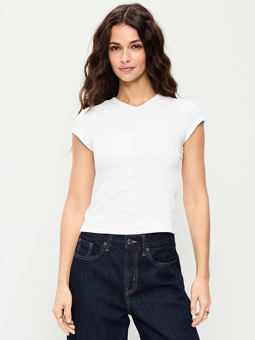 Snug High V-Neck T-Shirt - White Lilies