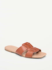 Faux-Leather Slide Sandals - Caramel