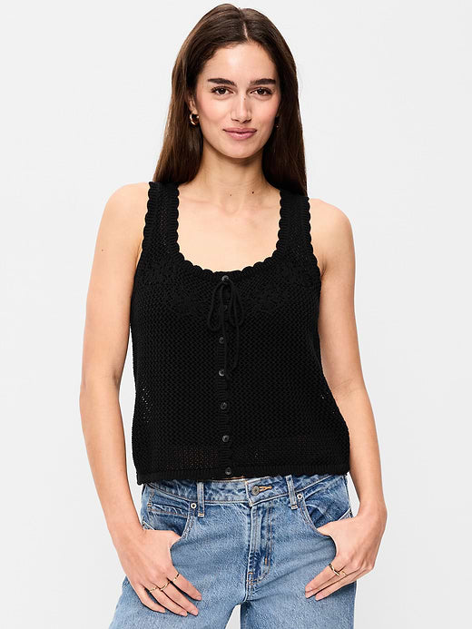 Sleeveless Seaside Cotton Crochet Tank Top - Black Jack