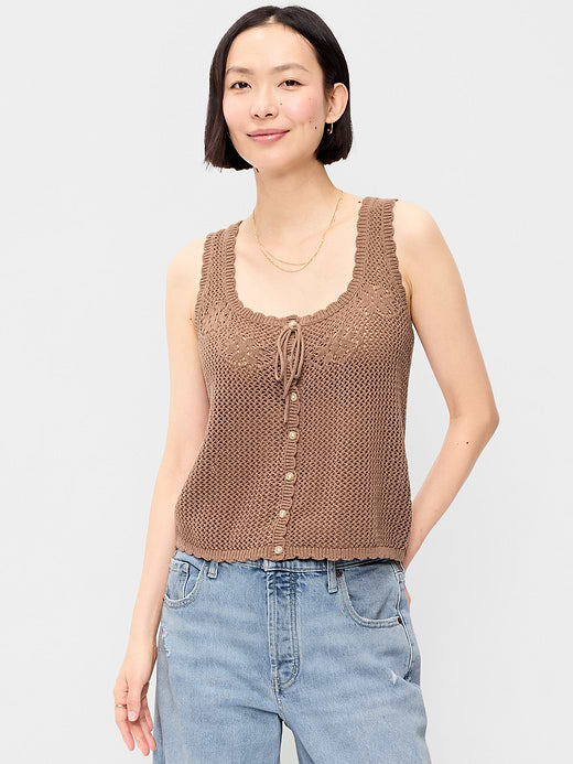 Sleeveless Seaside Cotton Crochet Tank Top - Driftwood