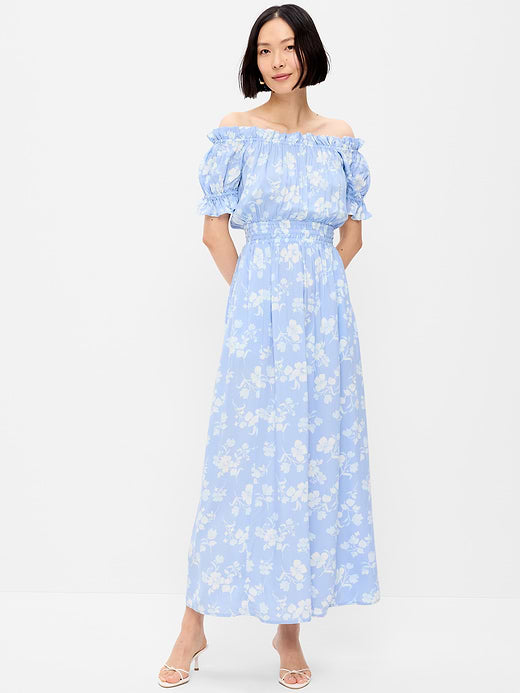 Off-The-Shoulder Boho Maxi Dress - Blue Floral