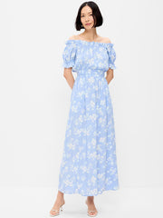 Off-The-Shoulder Boho Maxi Dress - Blue Floral