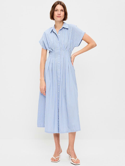 Pintuck-Waist Midi Shirt Dress - White & Blue Stripe