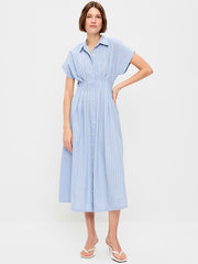 Pintuck-Waist Midi Shirt Dress - White & Blue Stripe