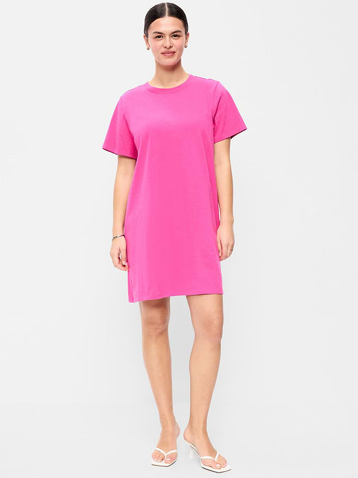 Vintage Crew-Neck Mini T-Shirt Dress - Dragonfruit