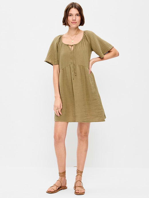 Crinkle Gauze Flutter-Sleeve Mini Swing Dress - Kombu