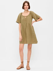 Crinkle Gauze Flutter-Sleeve Mini Swing Dress - Kombu