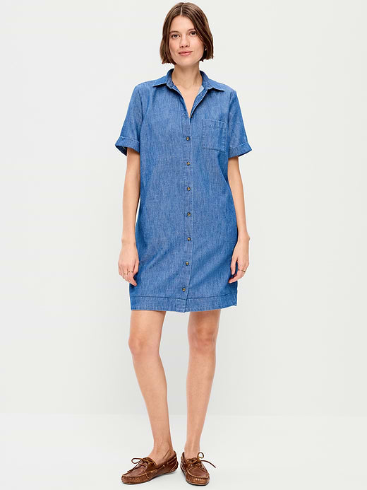 Button-Down Mini Shirt Dress - Chambray Blue
