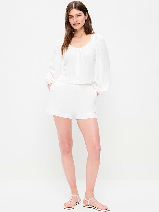 High-Waisted Linen-Blend Shorts -- 3.5-inch inseam - White Lilies