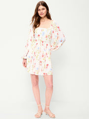 Long-Sleeve Crepe Mini Dress - White Floral