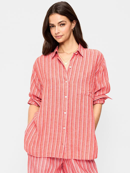 Linen-Blend Loose Button-Down Shirt - Orange Stripe