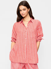Linen-Blend Loose Button-Down Shirt - Orange Stripe