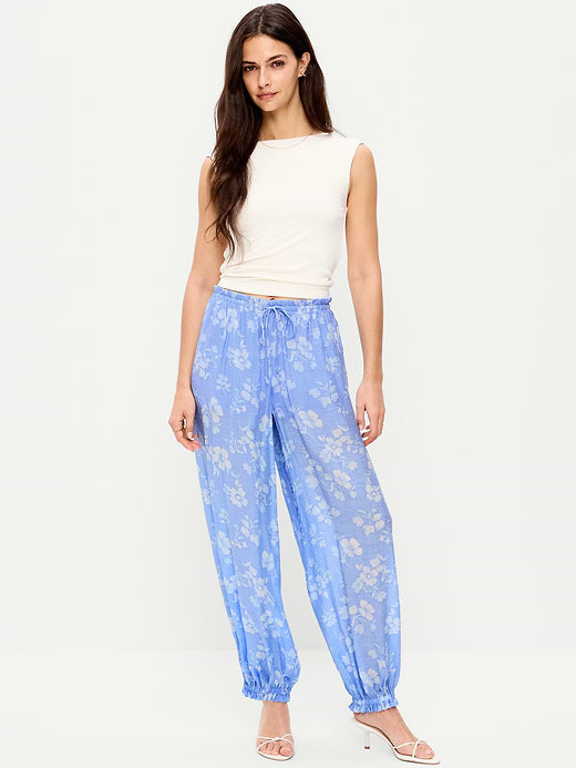 High-Waisted Sheer Chiffon Harem Pants - Blue Floral