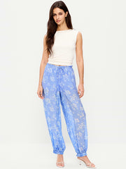 High-Waisted Sheer Chiffon Harem Pants - Blue Floral