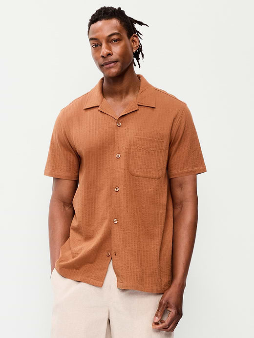 Short-Sleeve Textured Camp Shirt - Rust Orange