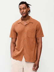 Short-Sleeve Textured Camp Shirt - Rust Orange
