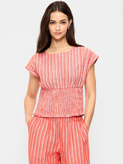 Linen-Blend Short-Sleeve Smocked Top - Orange Stripe