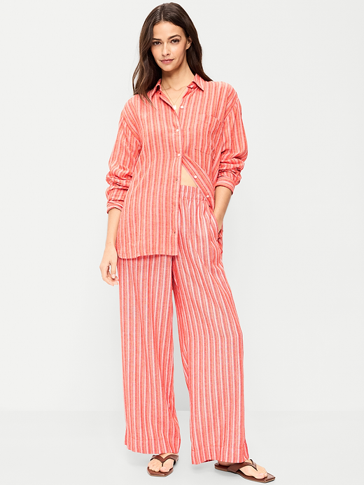 High-Waisted Linen-Blend Super Wide-Leg Pants - Orange Stripe