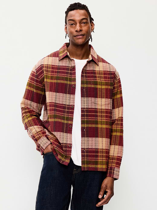 Loose Fit Textured Plaid Pocket Shirt - Burgundy Plaid