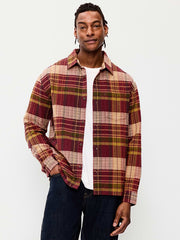 Loose Fit Textured Plaid Pocket Shirt - Burgundy Plaid