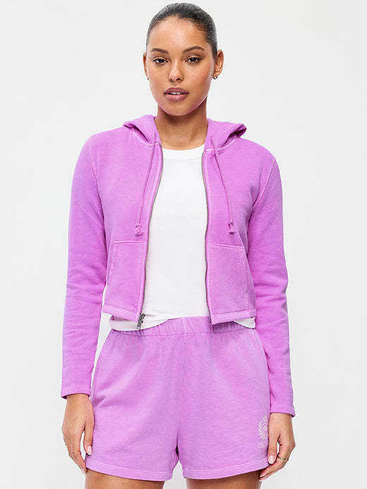 Shrunken Cropped Zip Hoodie Sweatshirt - Orchid