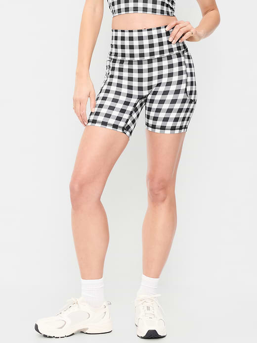 Extra-High Waisted PowerSoft Boundless Pocket Biker Shorts-- 6-inch inseam - No Front Seam - Black/White Gingham