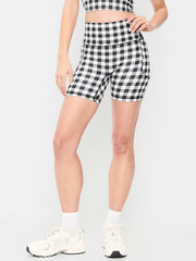 Extra-High Waisted PowerSoft Boundless Pocket Biker Shorts-- 6-inch inseam - No Front Seam - Black/White Gingham