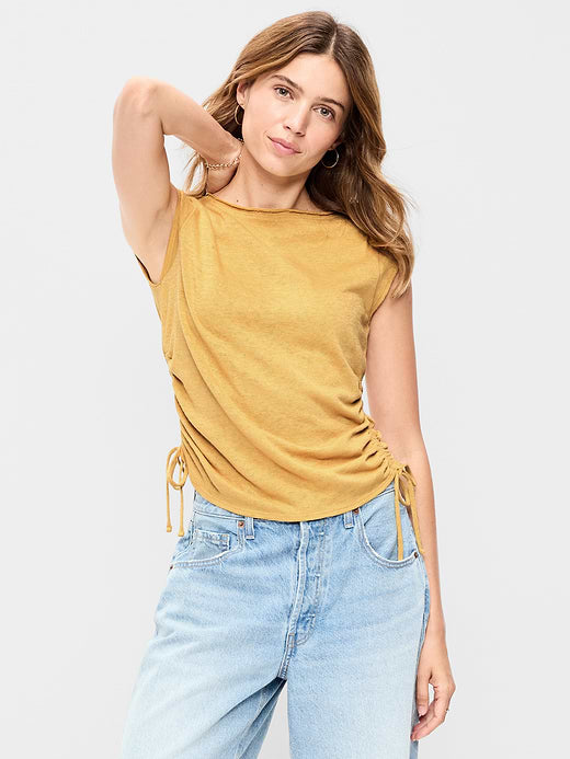 Cap-Sleeve Shirred Side Top - Sandstorm