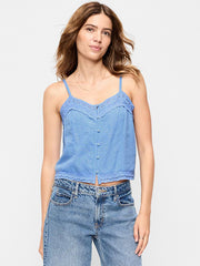 Lace-Trim Linen-Blend Cami Tank Top - Flax Flower