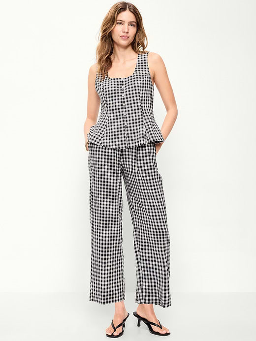 High-Waisted Linen-Blend Straight-Leg Pants - Navy Blue Check
