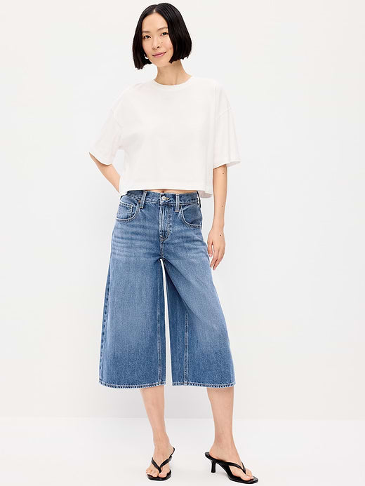 Mid-Rise Baggy Wide-Leg Culotte Jeans - Medium Wash