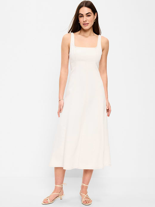 Fit & Flare Sleeveless Denim Midi Dress - Ecru