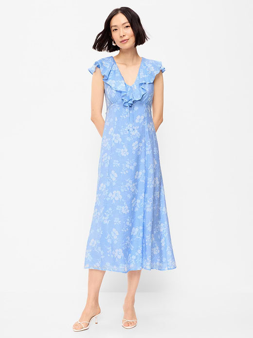 Ruffle-Sleeve Fit & Flare Midi Dress - Blue Floral