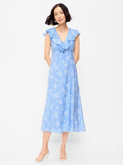 Ruffle-Sleeve Fit & Flare Midi Dress - Blue Floral