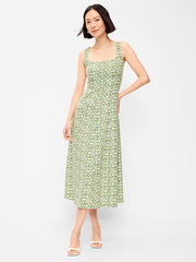 Fit & Flare Sleeveless Linen-Blend Midi Dress - Green Floral