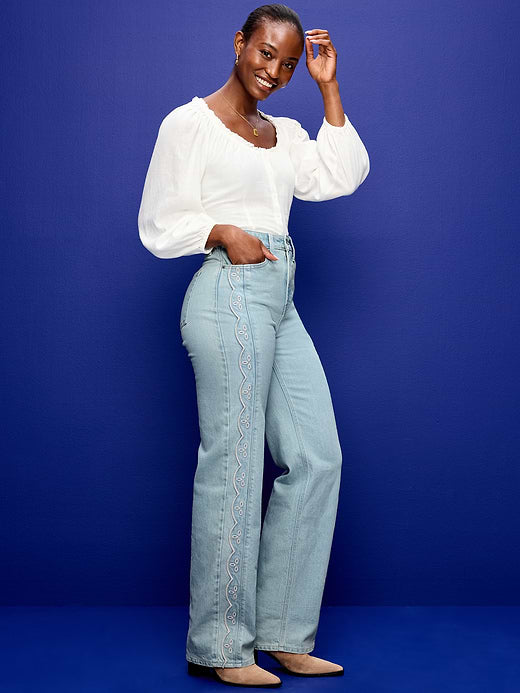 Curvy Extra High-Waisted Scalloped Wide-Leg Jeans - Felippa