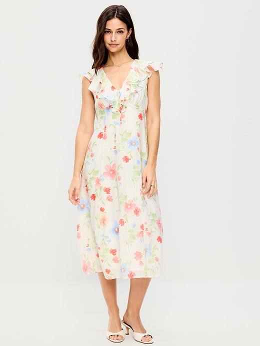 Ruffle-Sleeve Fit & Flare Midi Dress - White Floral