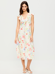 Ruffle-Sleeve Fit & Flare Midi Dress - White Floral