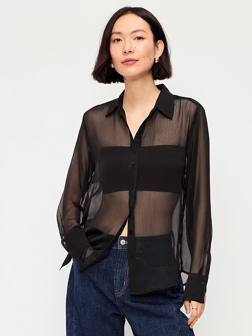 Chiffon Sheer Button-Down Shirt - Black Jack
