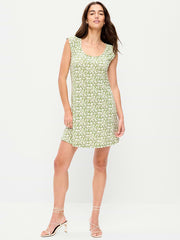 Short-Sleeve Scoop-Neck Mini Dress - Green Floral