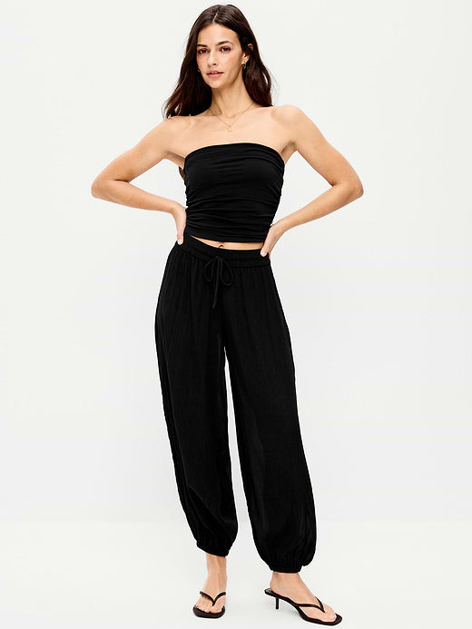High-Waisted Sheer Crinkle Crepe Harem Pants - Black Jack