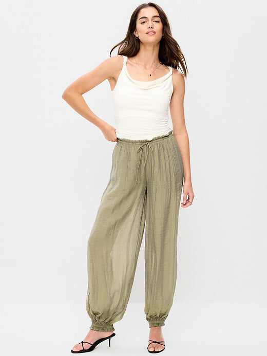 High-Waisted Sheer Chiffon Harem Pants - Dried Grasses