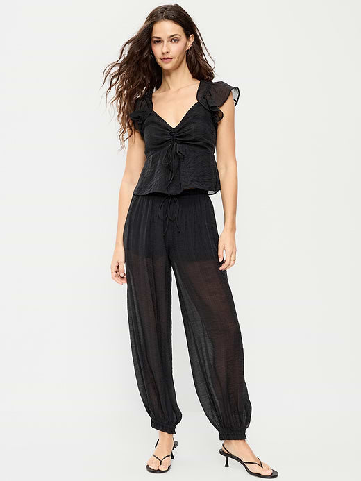 High-Waisted Sheer Chiffon Harem Pants - Black Jack